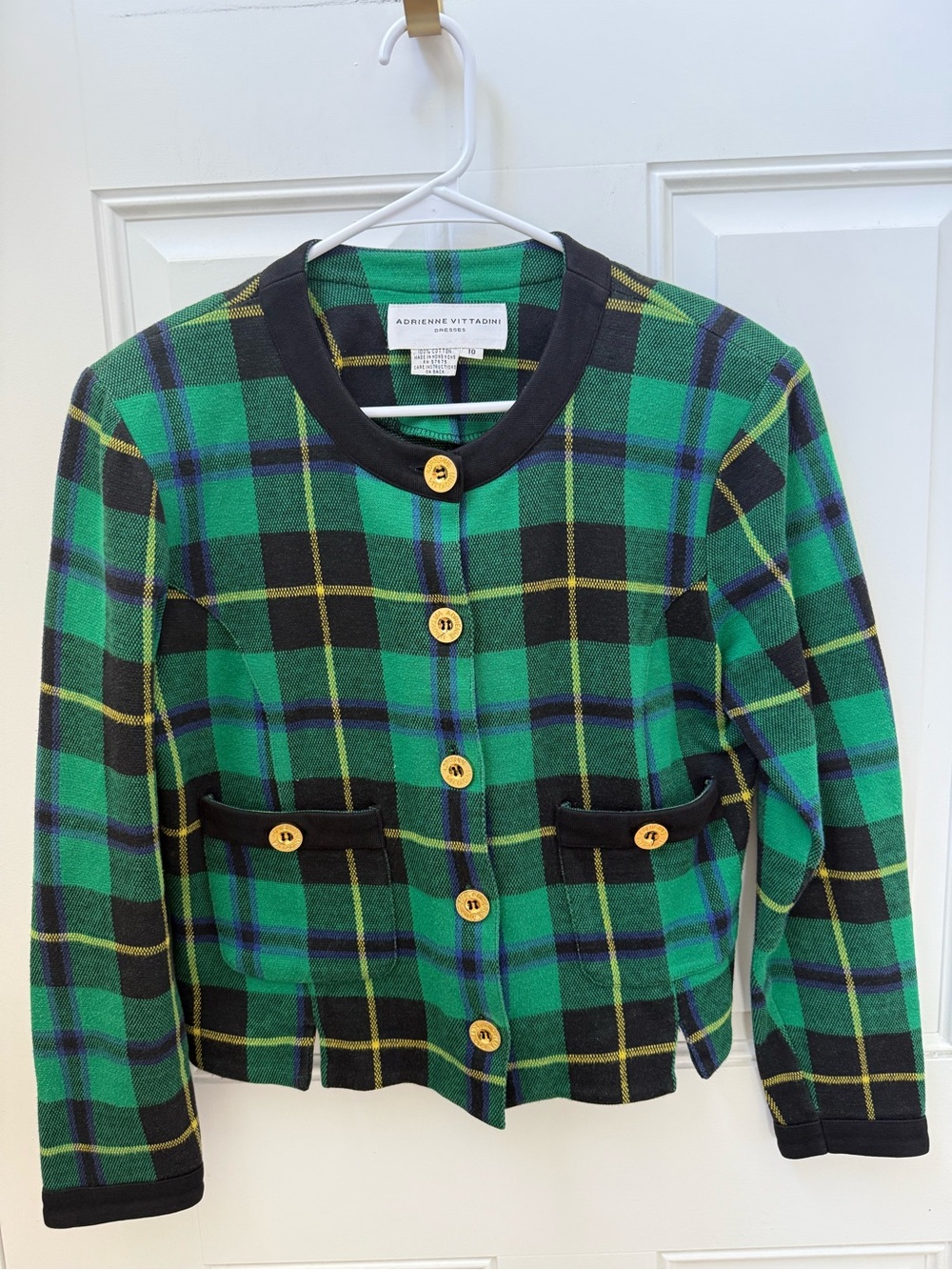Vintage Adrienne Vittadini Green Black Plaid Gold-Button Cardigan